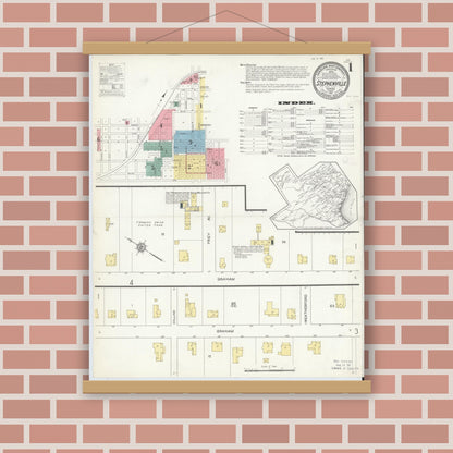 Old map wall art mockup — magnetic wood frame on brick wall — Sanborn Fire Insurance Map from Stephenville, Erath County, Texas (1912) - Complete Map Set