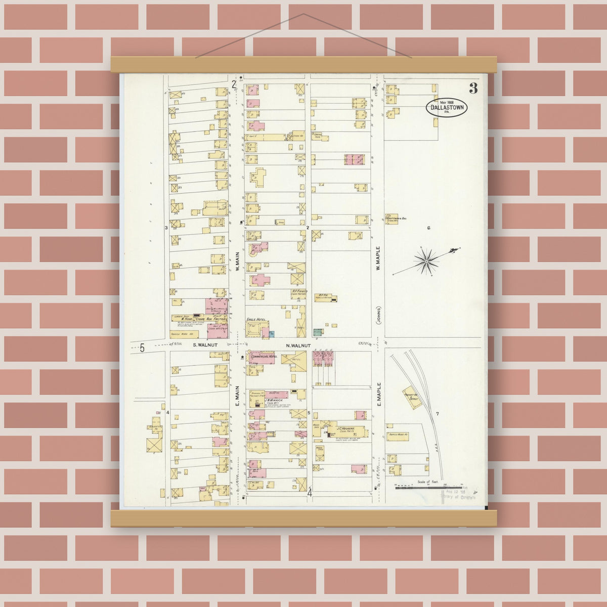 Old map wall art mockup — magnetic wood frame on brick wall — Sanborn Fire Insurance Map from Dallastown, York County, Pennsylvania (1908), Sheet #0003