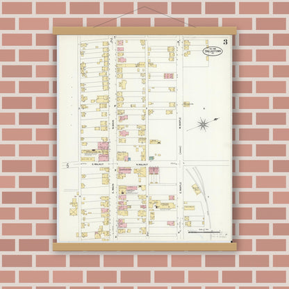 Old map wall art mockup — magnetic wood frame on brick wall — Sanborn Fire Insurance Map from Dallastown, York County, Pennsylvania (1908), Sheet #0003