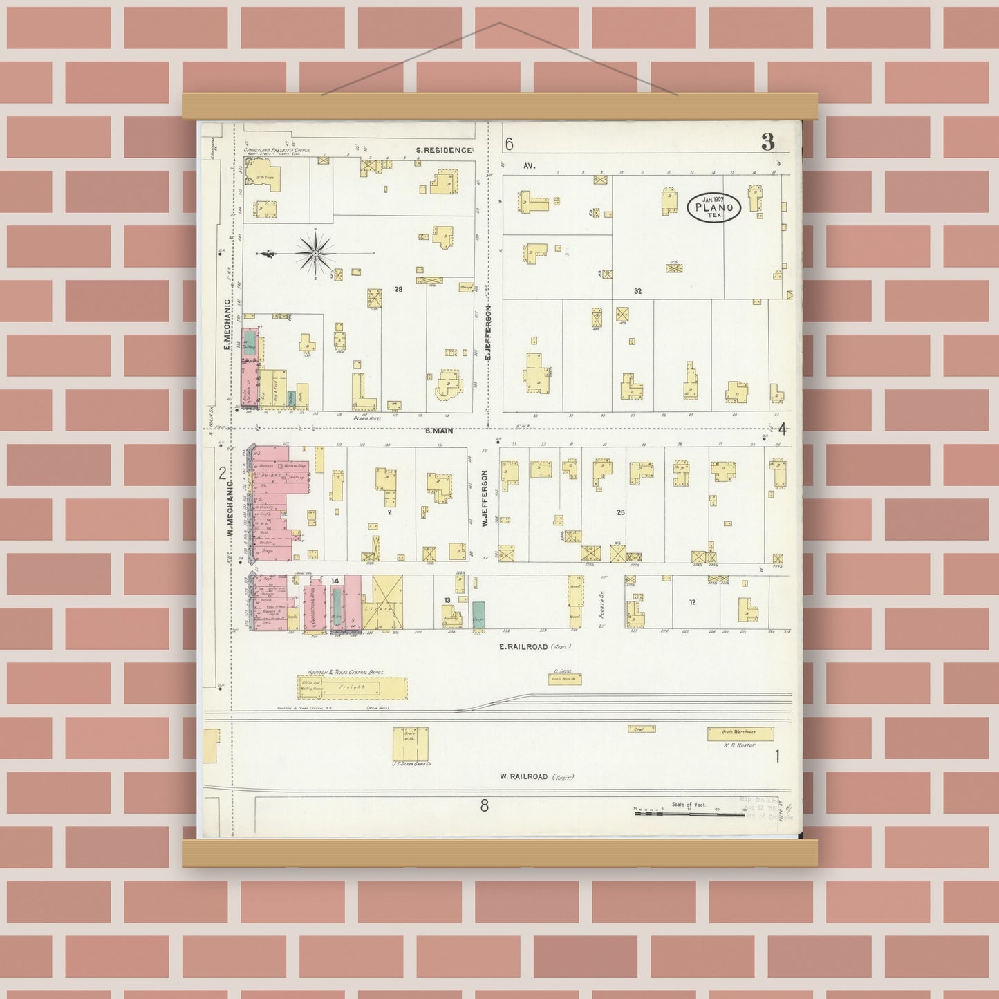 Old map wall art mockup — magnetic wood frame on brick wall — Sanborn Fire Insurance Map from Plano, Collin County, Texas (1907), Sheet #0003