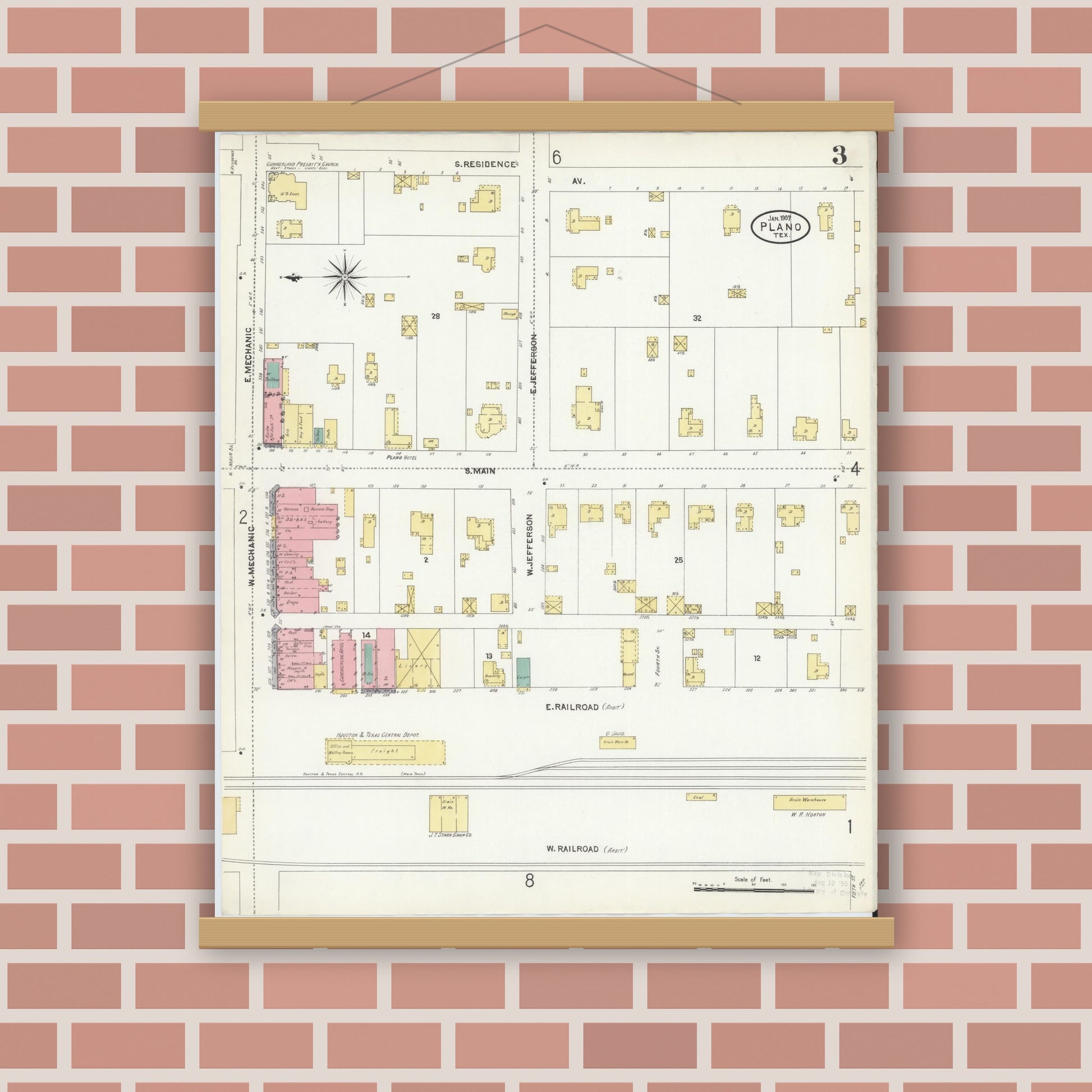 Old map wall art mockup — magnetic wood frame on brick wall — Sanborn Fire Insurance Map from Plano, Collin County, Texas (1907), Sheet #0003