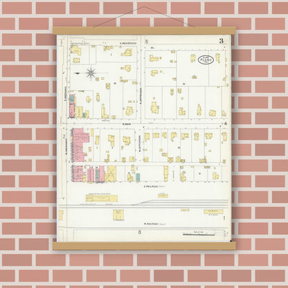 Old map wall art mockup — magnetic wood frame on brick wall — Sanborn Fire Insurance Map from Plano, Collin County, Texas (1907), Sheet #0003