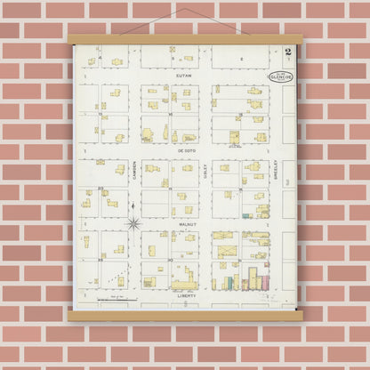 Old map wall art mockup — magnetic wood frame on brick wall — Sanborn Fire Insurance Map from Glencoe, Mcleod County, Minnesota (1893), Sheet #0002