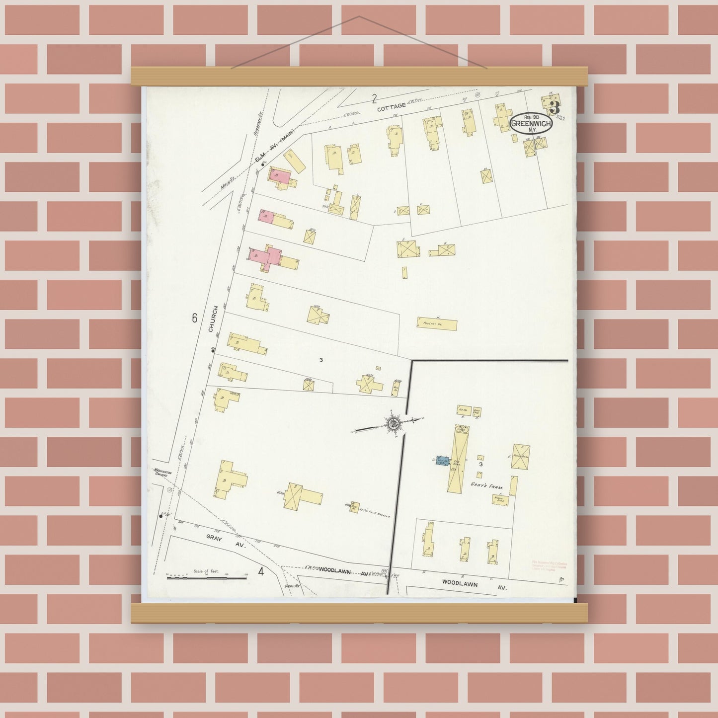 Old map wall art mockup — magnetic wood frame on brick wall — Sanborn Fire Insurance Map from Greenwich, Washington County, New York (1913), Sheet #0003
