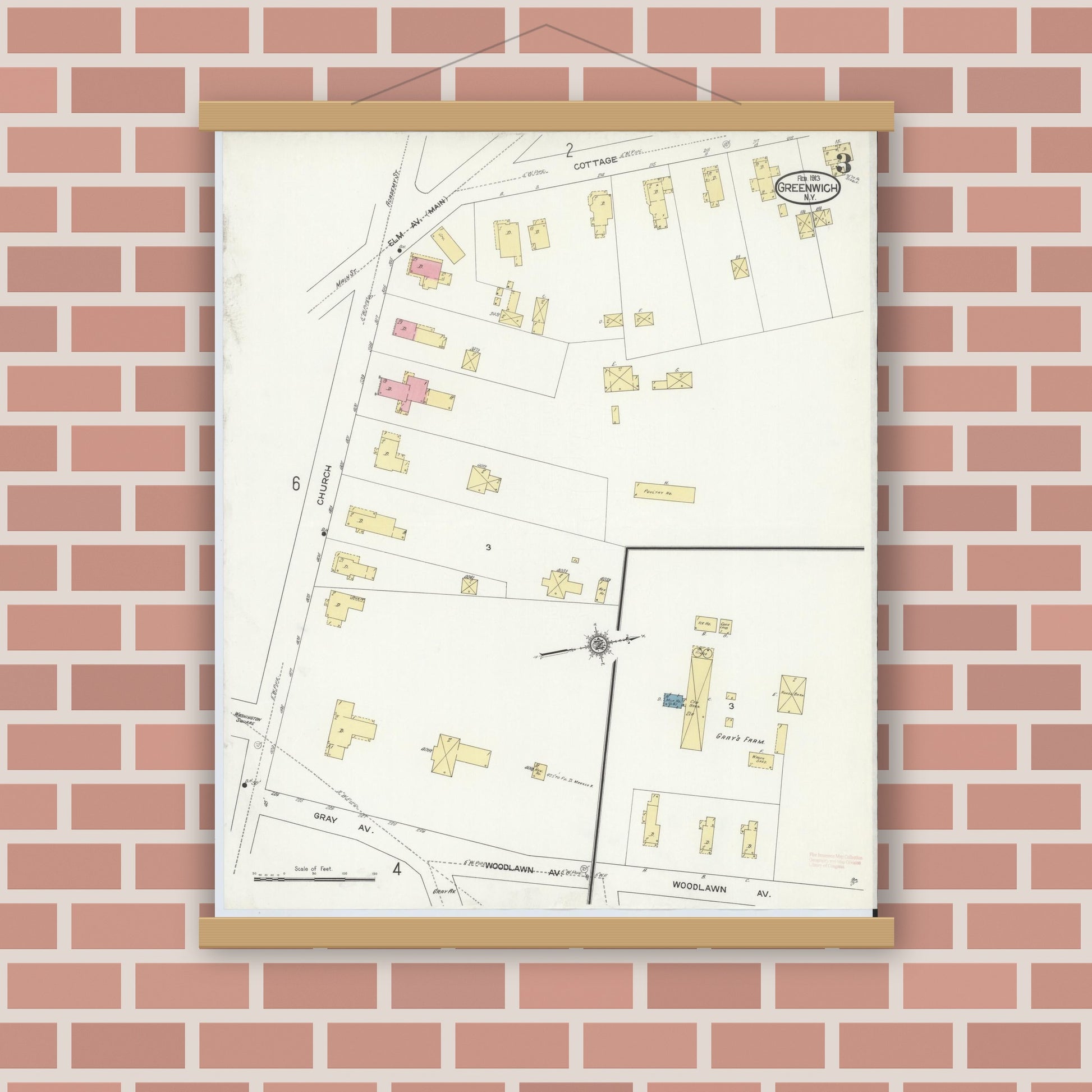 Old map wall art mockup — magnetic wood frame on brick wall — Sanborn Fire Insurance Map from Greenwich, Washington County, New York (1913), Sheet #0003