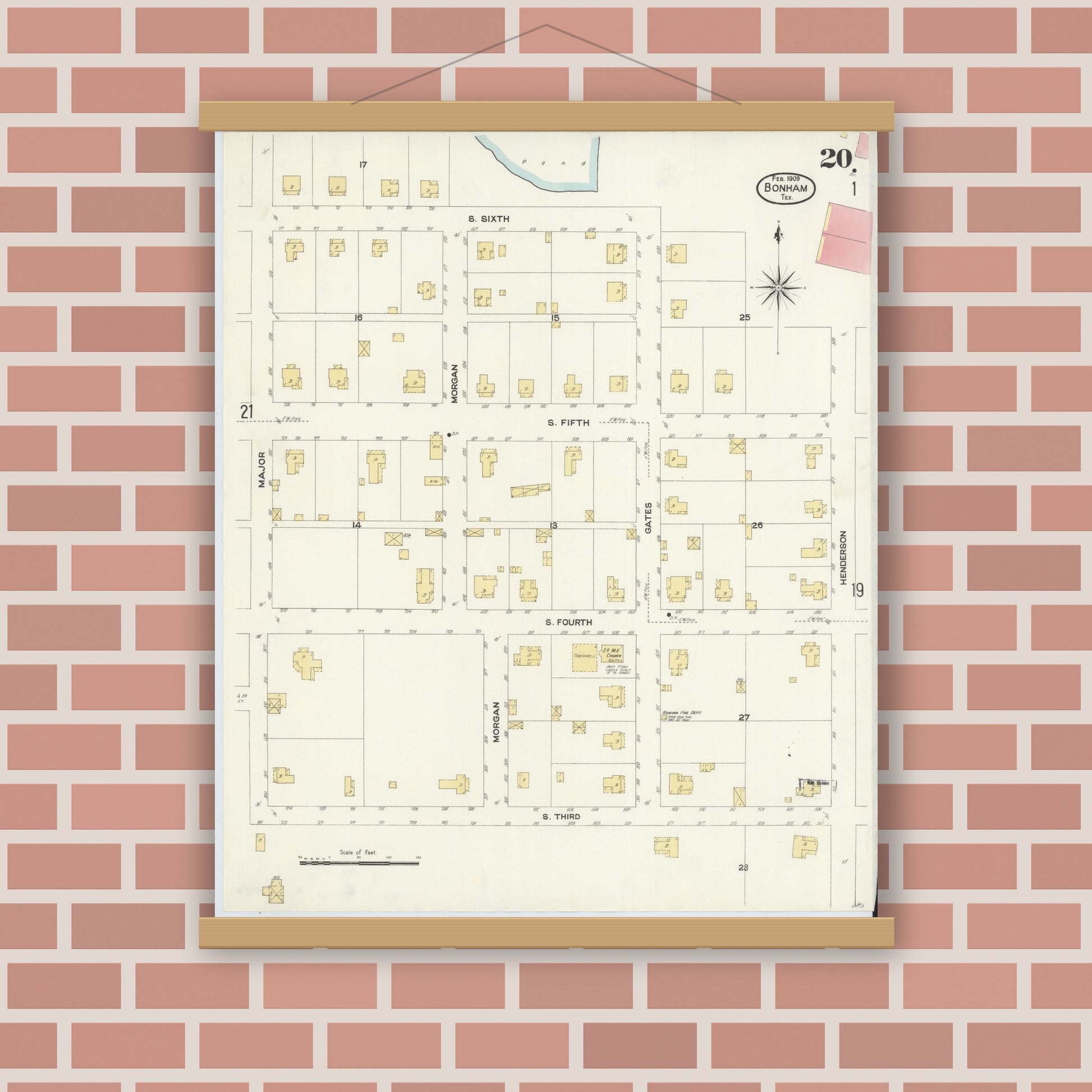 Old map wall art mockup — magnetic wood frame on brick wall — Sanborn Fire Insurance Map from Bonham, Fannin County, Texas (1909), Sheet #0020