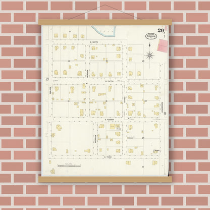Old map wall art mockup — magnetic wood frame on brick wall — Sanborn Fire Insurance Map from Bonham, Fannin County, Texas (1909), Sheet #0020