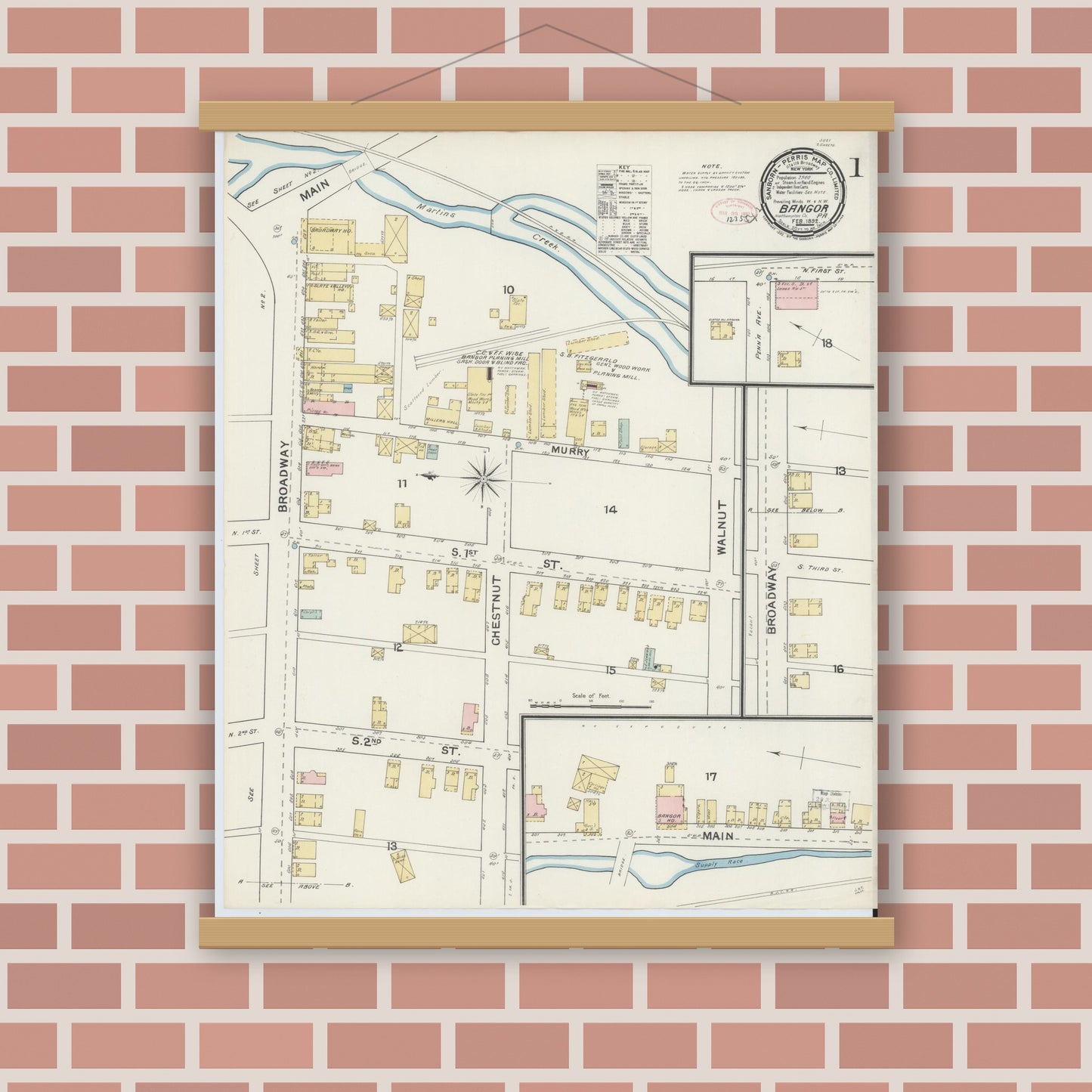 Old map wall art mockup — magnetic wood frame on brick wall — Sanborn Fire Insurance Map from Bangor, Northampton County, Pennsylvania (1892) - Complete Map Set