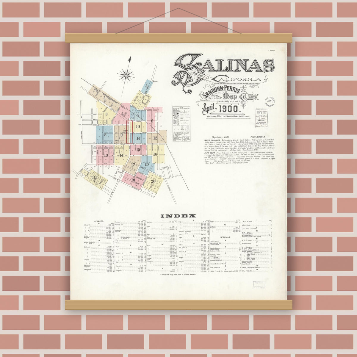 Old map wall art mockup — magnetic wood frame on brick wall — Sanborn Fire Insurance Map from Salinas, Monterey County, California (1900) - Complete Map Set
