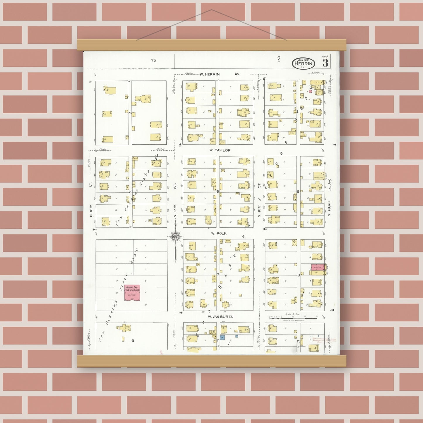Old map wall art mockup — magnetic wood frame on brick wall — Sanborn Fire Insurance Map from Herrin, Williamson County, Illinois (1922), Sheet #0003