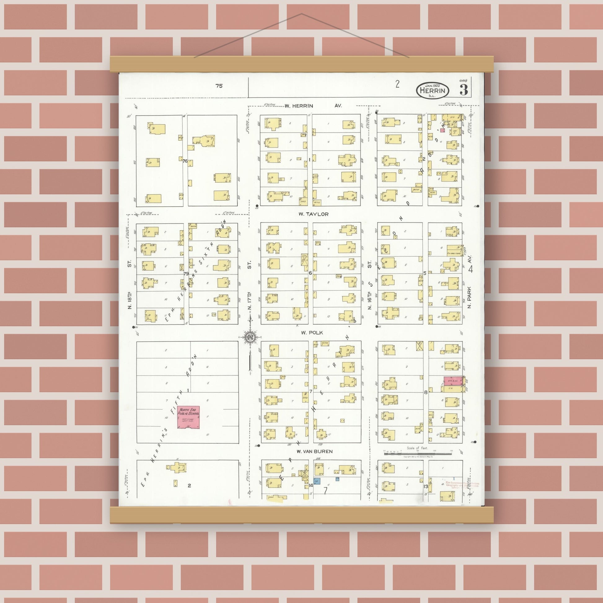 Old map wall art mockup — magnetic wood frame on brick wall — Sanborn Fire Insurance Map from Herrin, Williamson County, Illinois (1922), Sheet #0003