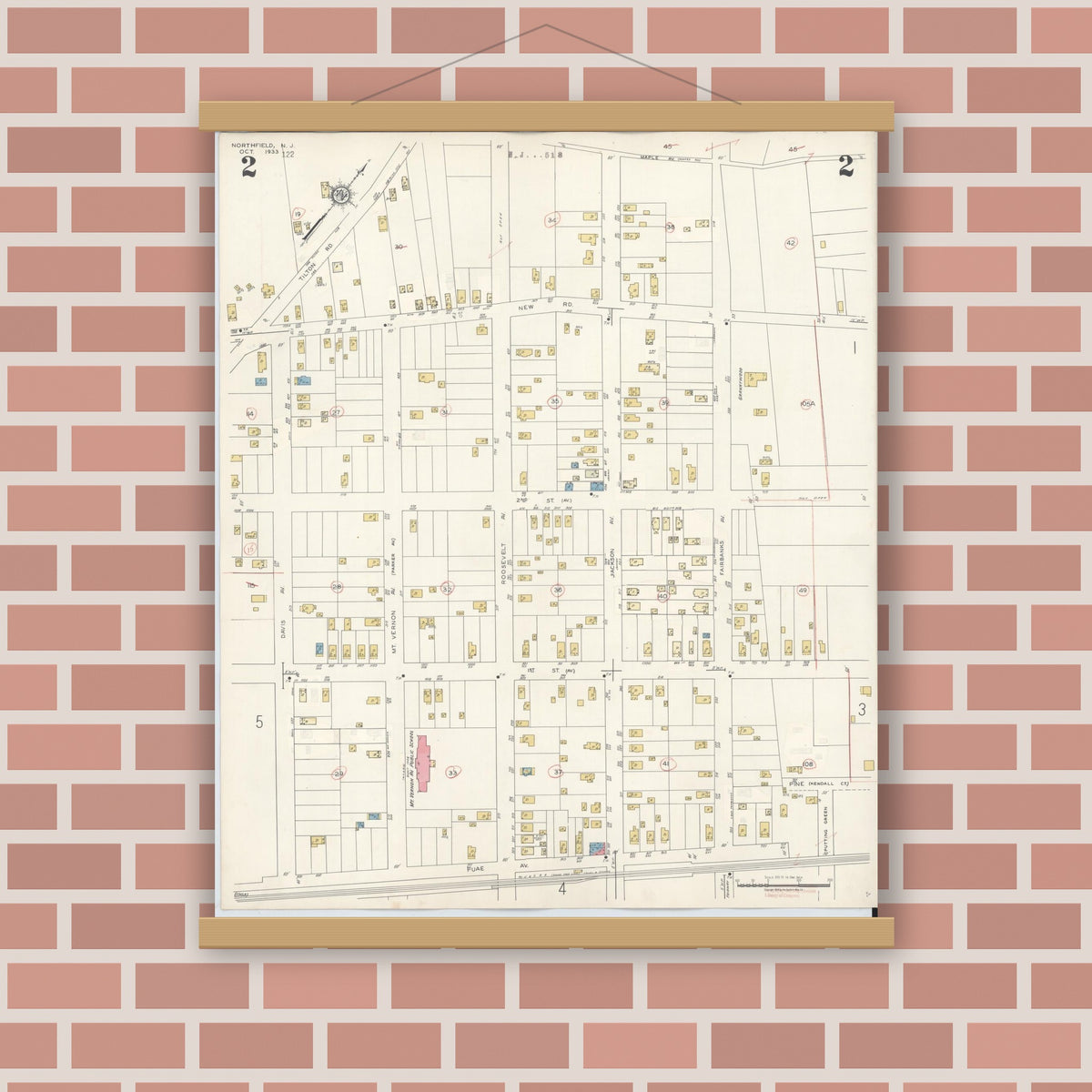 Old map wall art mockup — magnetic wood frame on brick wall — Sanborn Fire Insurance Map from Northfield, Atlantic County, New Jersey (1942), Sheet #0002