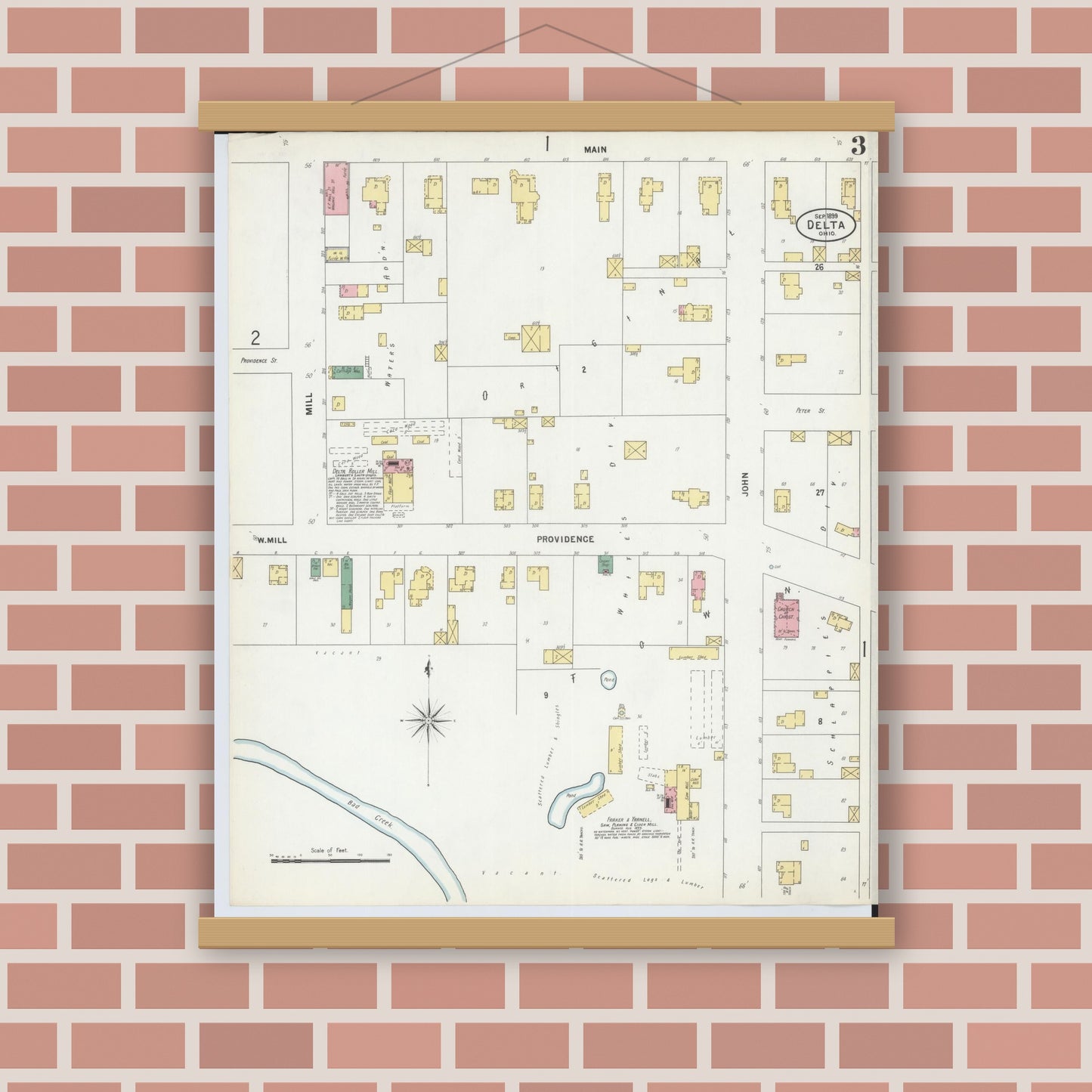 Old map wall art mockup — magnetic wood frame on brick wall — Sanborn Fire Insurance Map from Delta, Fulton County, Ohio (1899), Sheet #0003