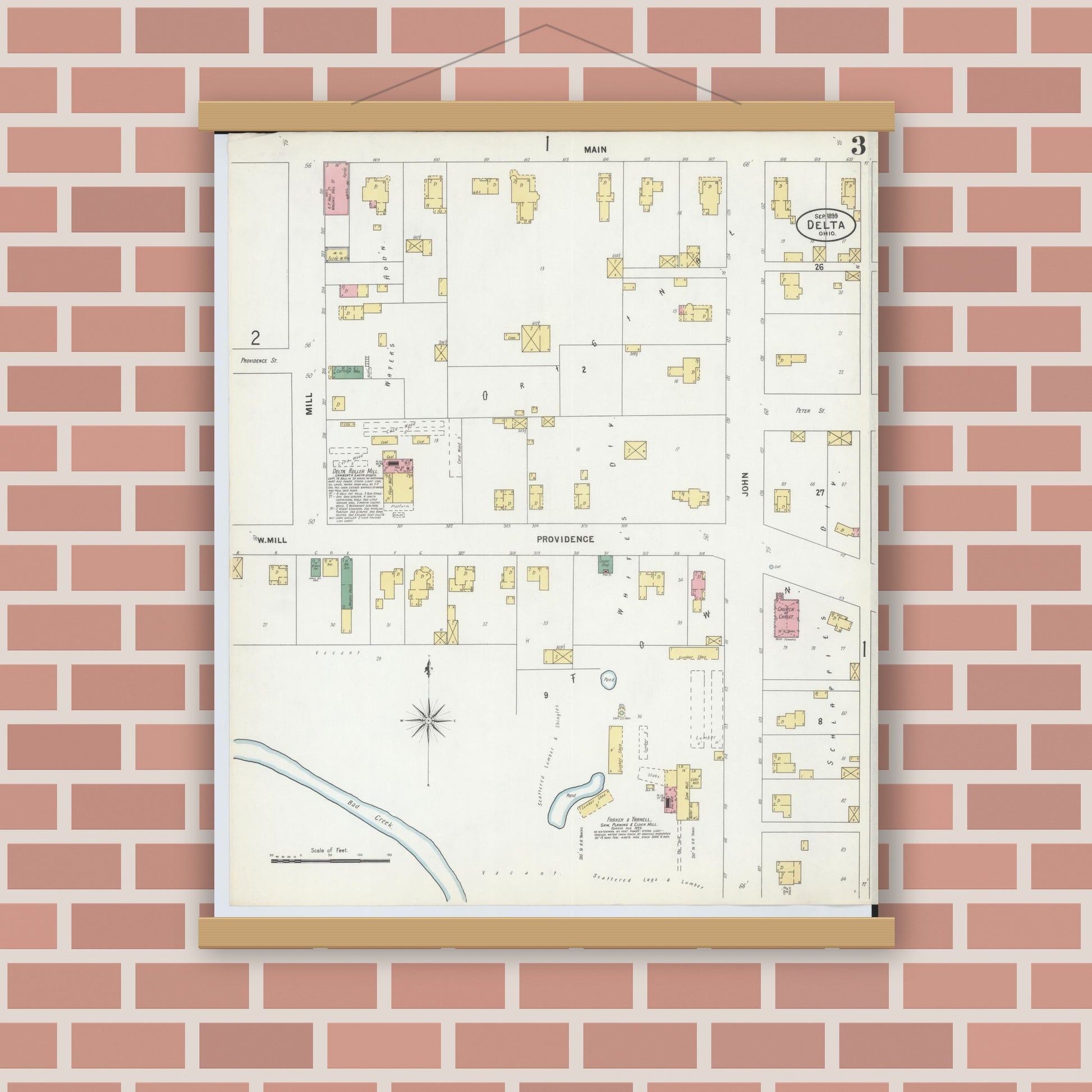 Old map wall art mockup — magnetic wood frame on brick wall — Sanborn Fire Insurance Map from Delta, Fulton County, Ohio (1899), Sheet #0003