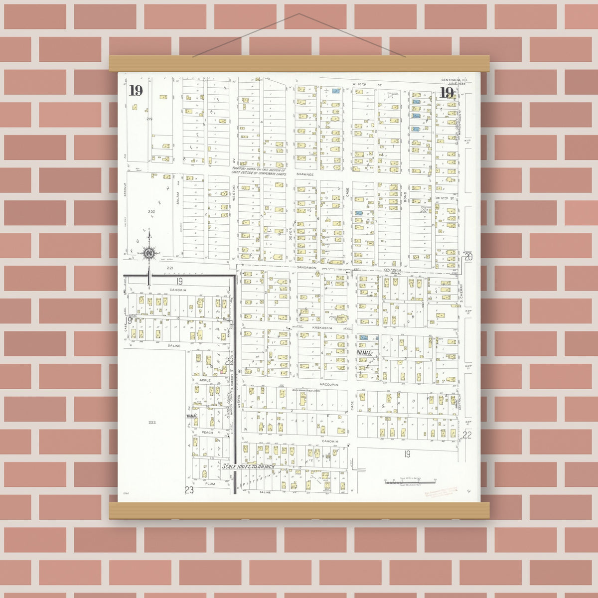 Old map wall art mockup — magnetic wood frame on brick wall — Sanborn Fire Insurance Map from Centralia, Marion, Clinton, Jefferson, and Washington Counties, Illinois (1938), Sheet #0019