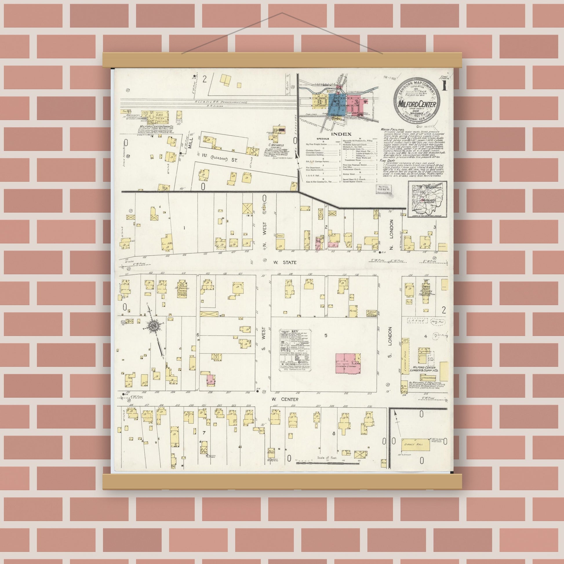Old map wall art mockup — magnetic wood frame on brick wall — Sanborn Fire Insurance Map from Milford Center, Union County, Ohio (1921), Sheet #0001