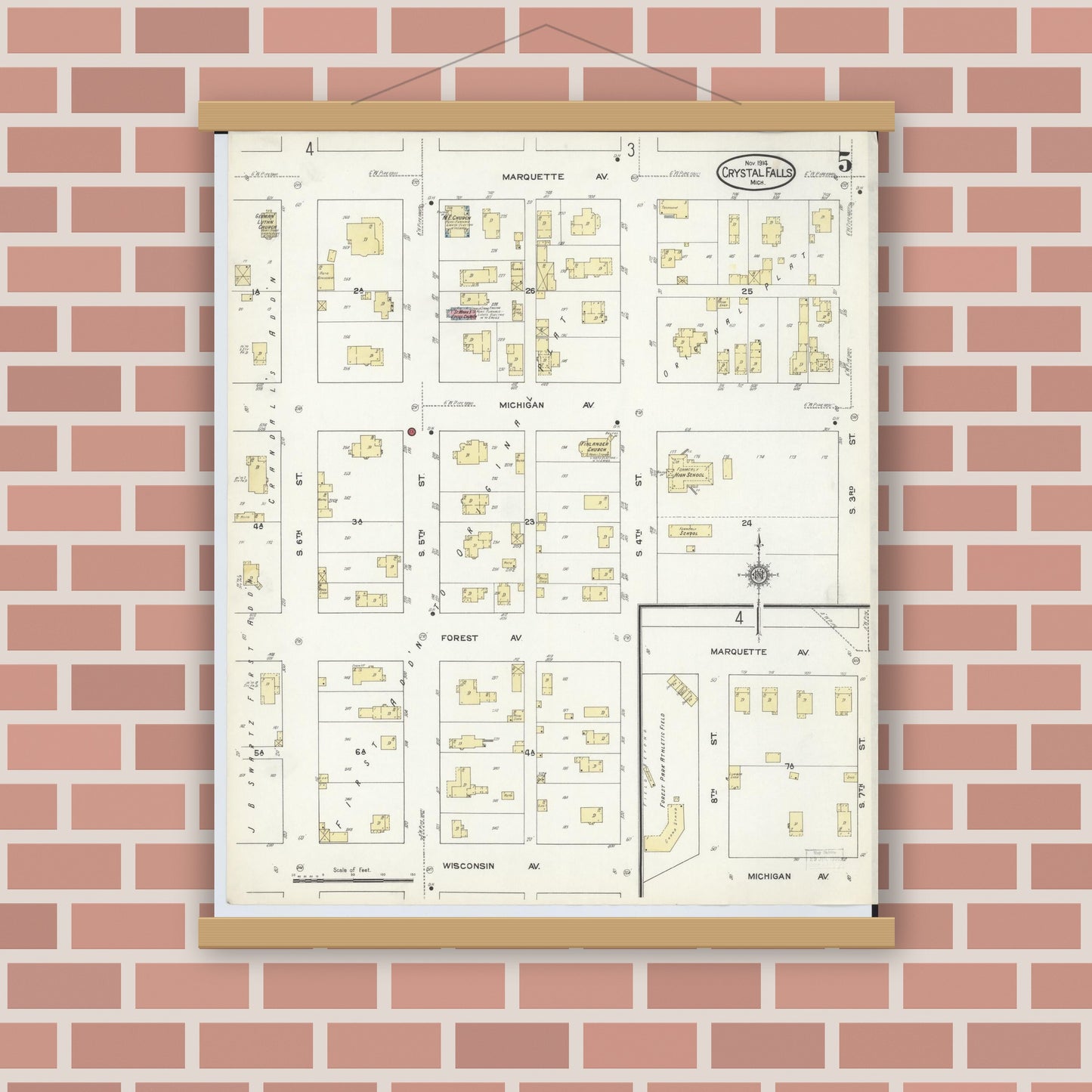 Old map wall art mockup — magnetic wood frame on brick wall — Sanborn Fire Insurance Map from Crystal Falls, Iron County, Michigan (1914), Sheet #0005