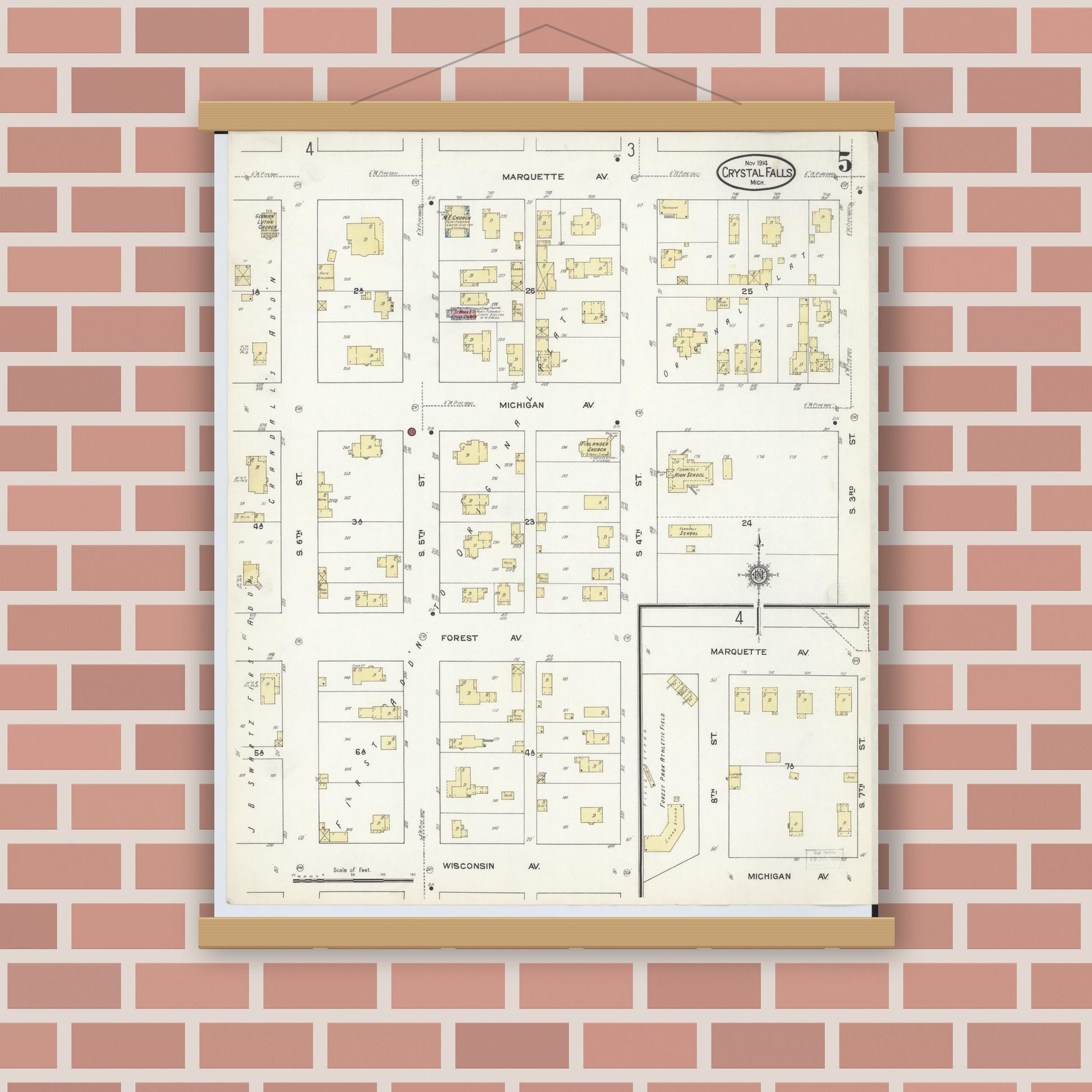 Old map wall art mockup — magnetic wood frame on brick wall — Sanborn Fire Insurance Map from Crystal Falls, Iron County, Michigan (1914), Sheet #0005