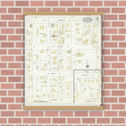 Old map wall art mockup — magnetic wood frame on brick wall — Sanborn Fire Insurance Map from Crystal Falls, Iron County, Michigan (1914), Sheet #0005