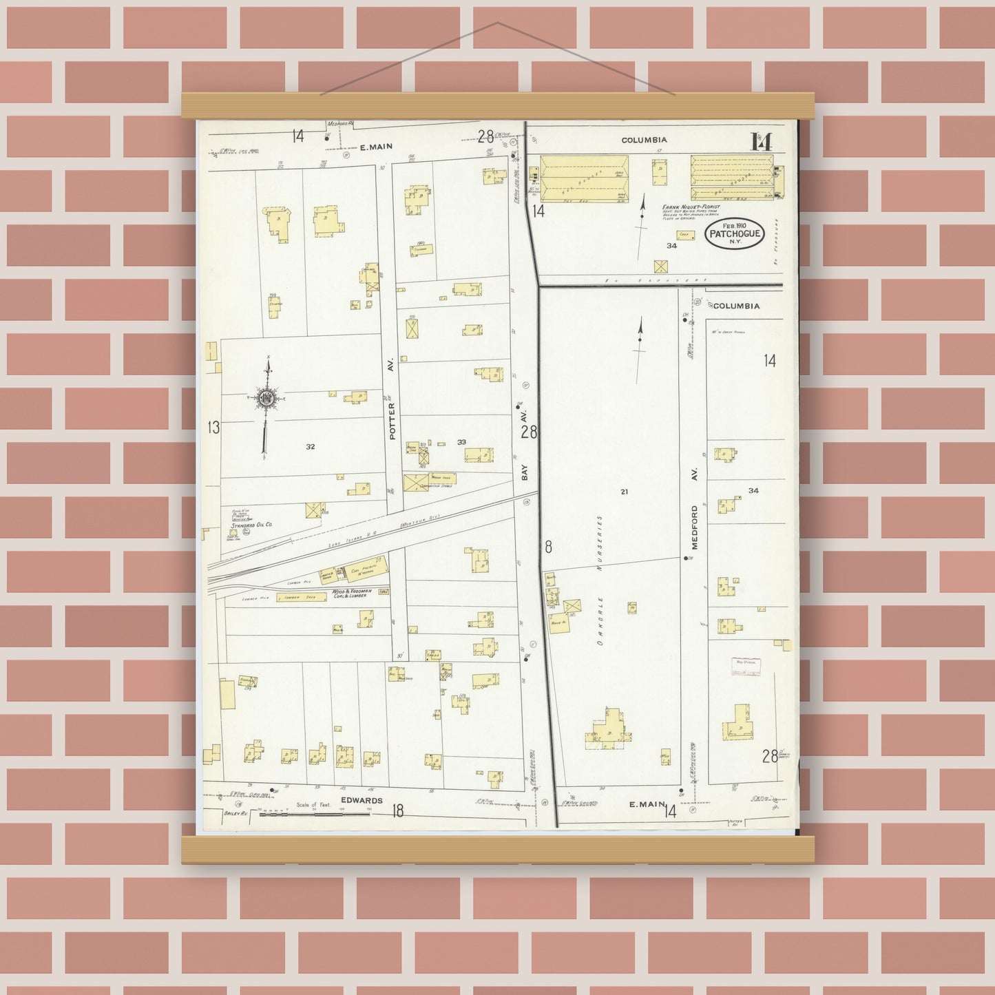 Old map wall art mockup — magnetic wood frame on brick wall — Sanborn Fire Insurance Map from Patchogue, Suffolk County, New York (1910), Sheet #0014