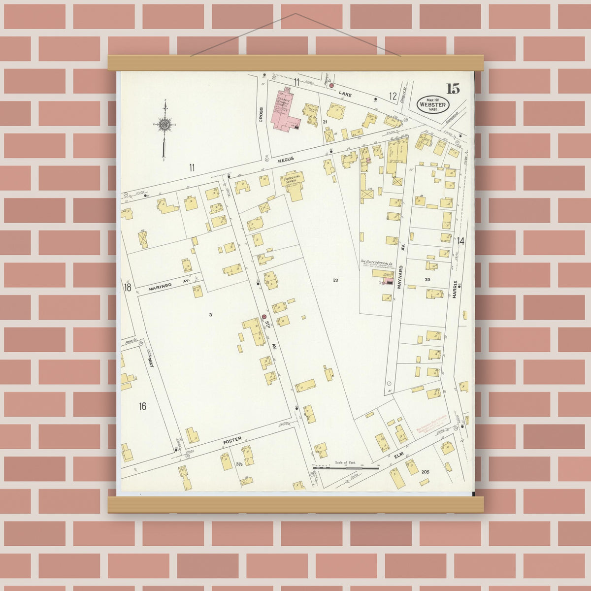 Old map wall art mockup — magnetic wood frame on brick wall — Sanborn Fire Insurance Map from Webster, Worcester County, Massachusetts (1911), Sheet #0015