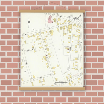 Old map wall art mockup — magnetic wood frame on brick wall — Sanborn Fire Insurance Map from Webster, Worcester County, Massachusetts (1911), Sheet #0015