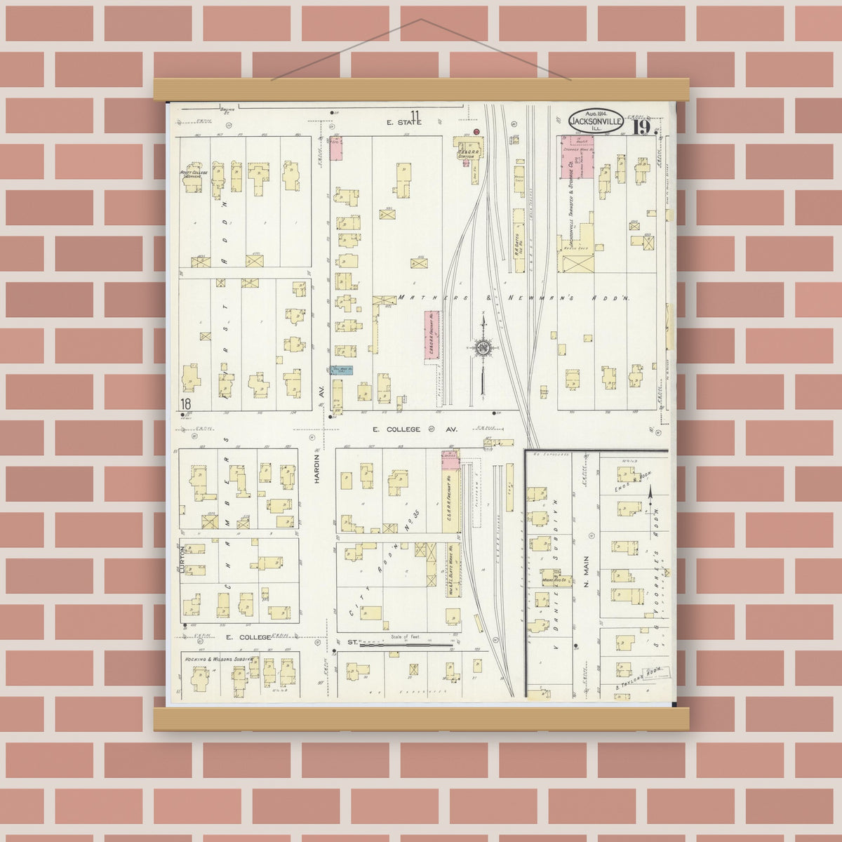 Old map wall art mockup — magnetic wood frame on brick wall — Sanborn Fire Insurance Map from Jacksonville, Morgan County, Illinois (1914), Sheet #0019
