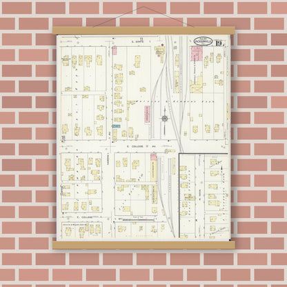 Old map wall art mockup — magnetic wood frame on brick wall — Sanborn Fire Insurance Map from Jacksonville, Morgan County, Illinois (1914), Sheet #0019