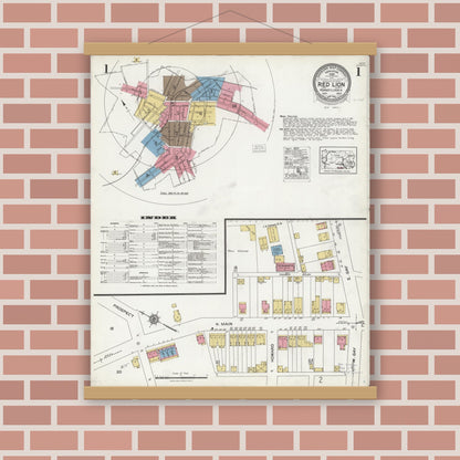 Old map wall art mockup — magnetic wood frame on brick wall — Sanborn Fire Insurance Map from Red Lion, York County, Pennsylvania (1923) - Complete Map Set