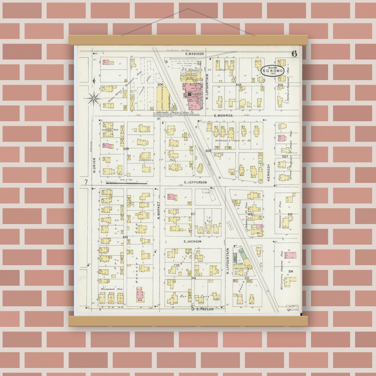 Old map wall art mockup — magnetic wood frame on brick wall — Sanborn Fire Insurance Map from Kokomo, Howard County, Indiana (1896), Sheet #0006