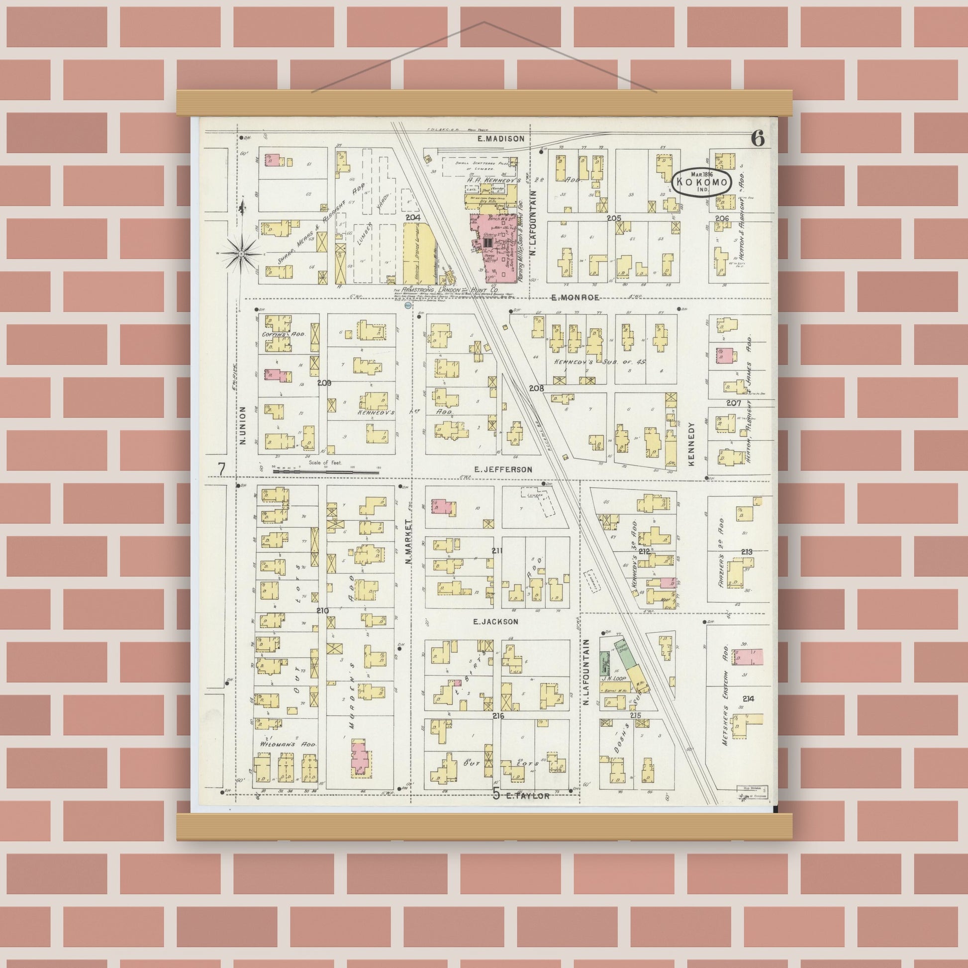 Old map wall art mockup — magnetic wood frame on brick wall — Sanborn Fire Insurance Map from Kokomo, Howard County, Indiana (1896), Sheet #0006
