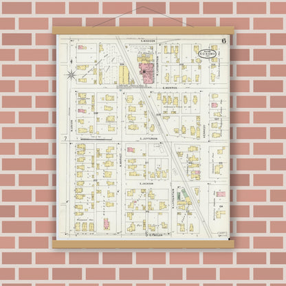 Old map wall art mockup — magnetic wood frame on brick wall — Sanborn Fire Insurance Map from Kokomo, Howard County, Indiana (1896), Sheet #0006