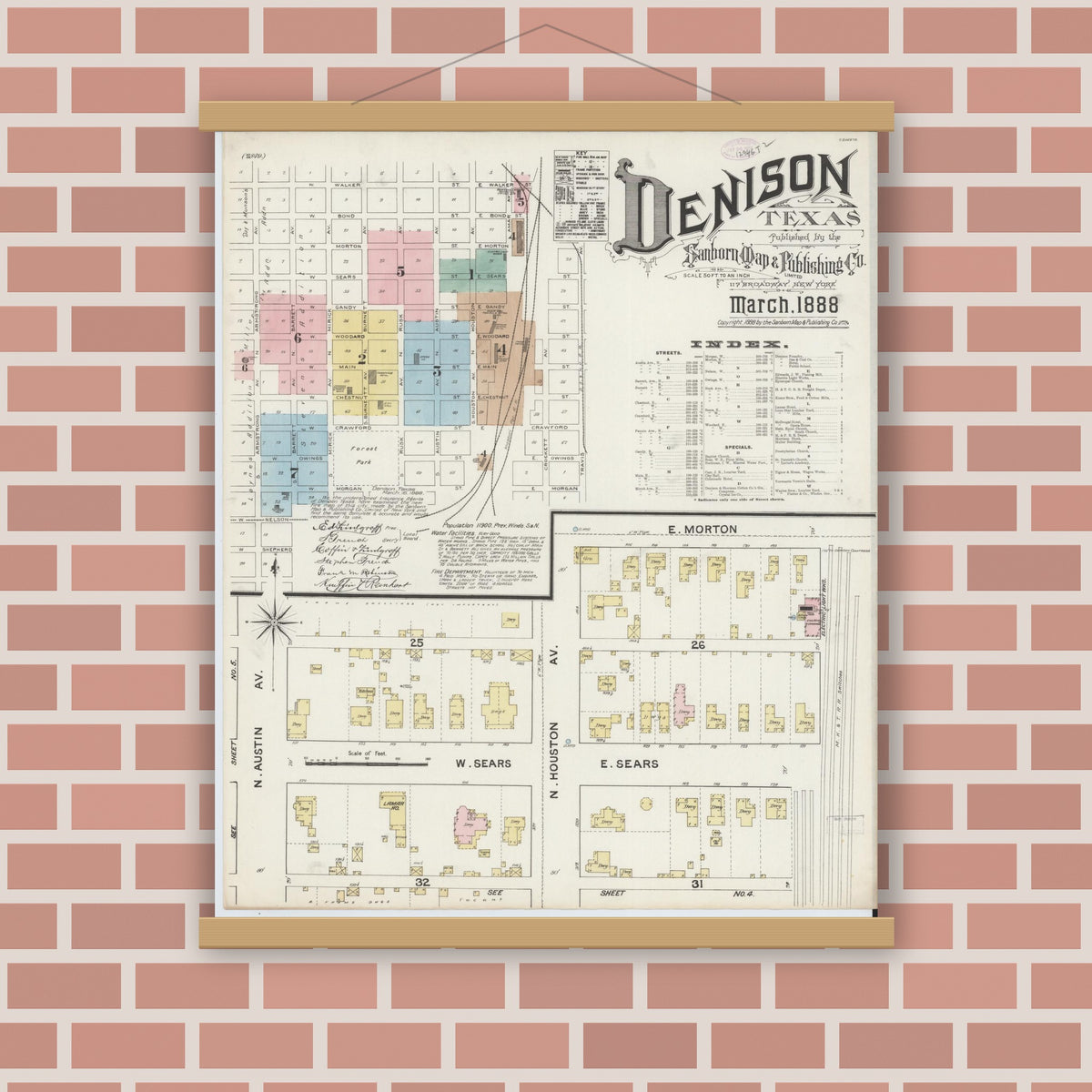 Old map wall art mockup — magnetic wood frame on brick wall — Sanborn Fire Insurance Map from Denison, Grayson County, Texas (1888), Sheet #0001