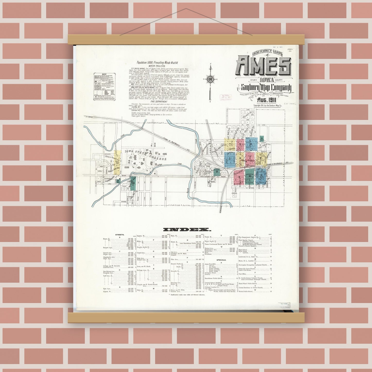 Old map wall art mockup — magnetic wood frame on brick wall — Sanborn Fire Insurance Map from Ames, Story County, Iowa (1911) â€” Complete Set