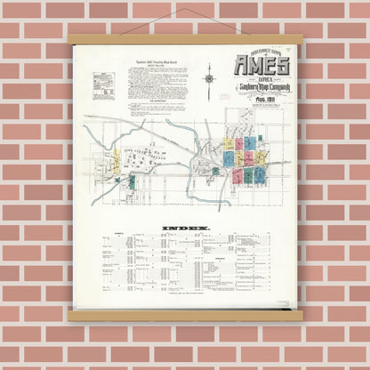 Old map wall art mockup — magnetic wood frame on brick wall — Sanborn Fire Insurance Map from Ames, Story County, Iowa (1911) â€” Complete Set