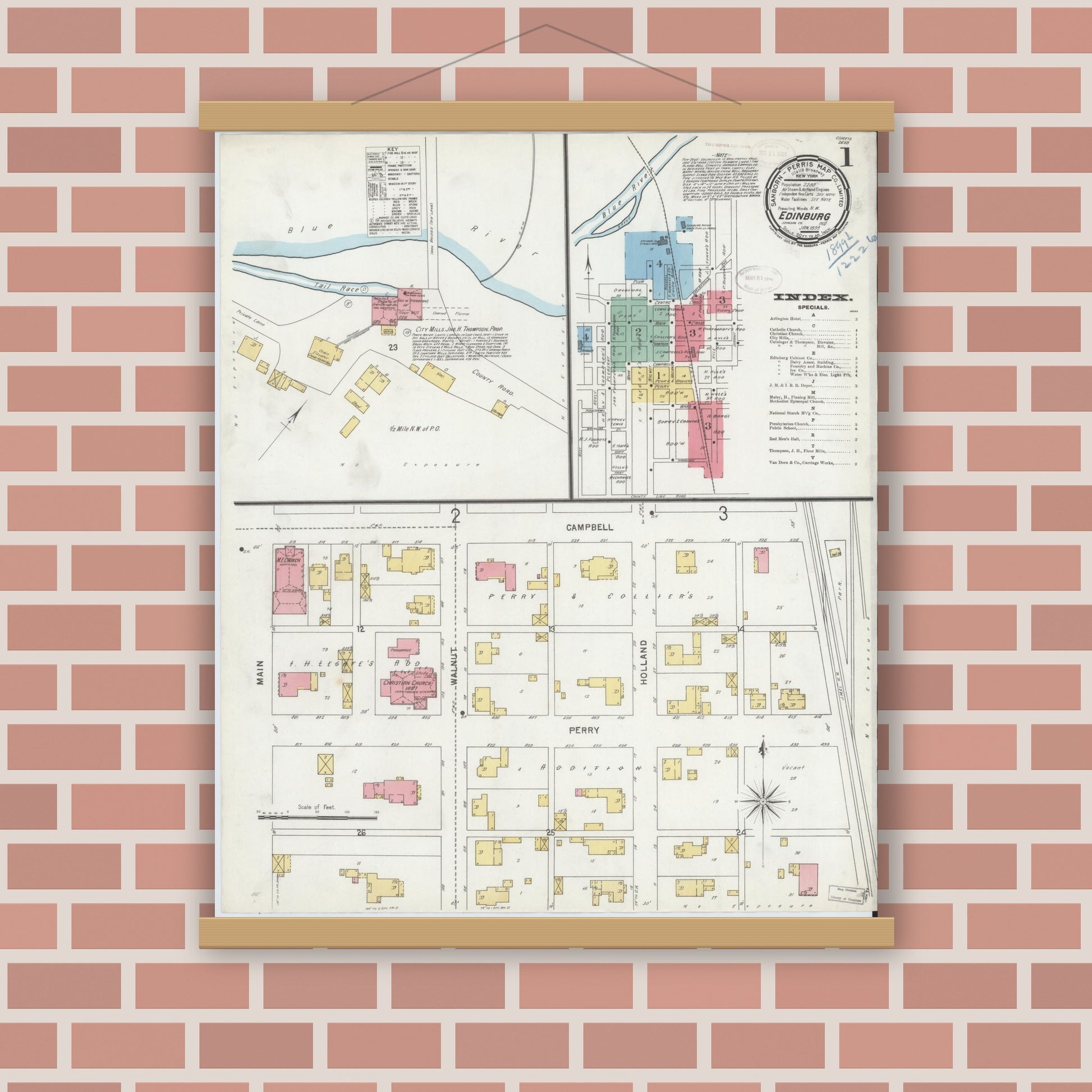 Old map wall art mockup — magnetic wood frame on brick wall — Sanborn Fire Insurance Map from Edinburg, Johnson And Bartholomew Counties, Indiana (1899) - Complete Map Set