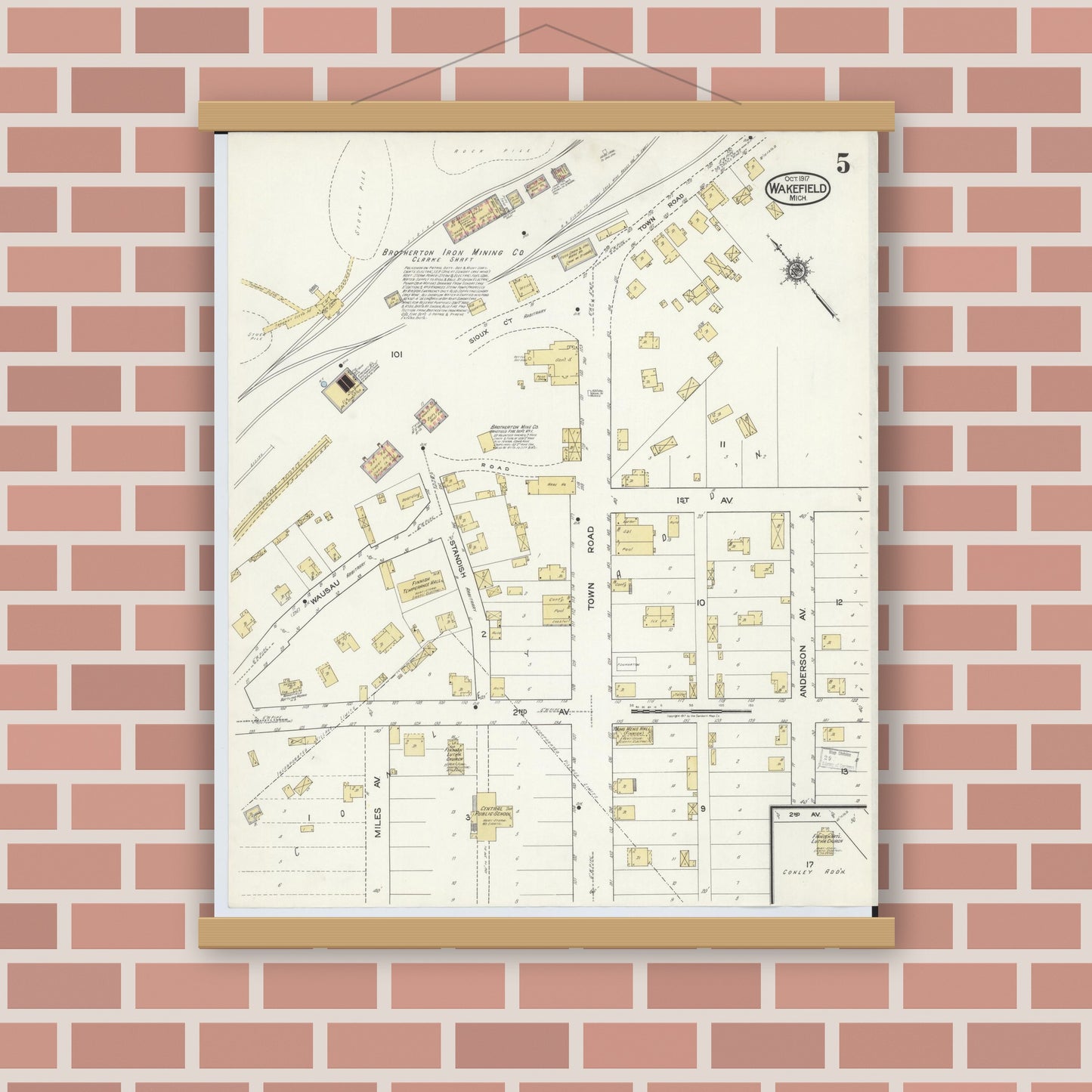 Old map wall art mockup — magnetic wood frame on brick wall — Sanborn Fire Insurance Map from Wakefield, Gogebic County, Michigan (1917), Sheet #0005