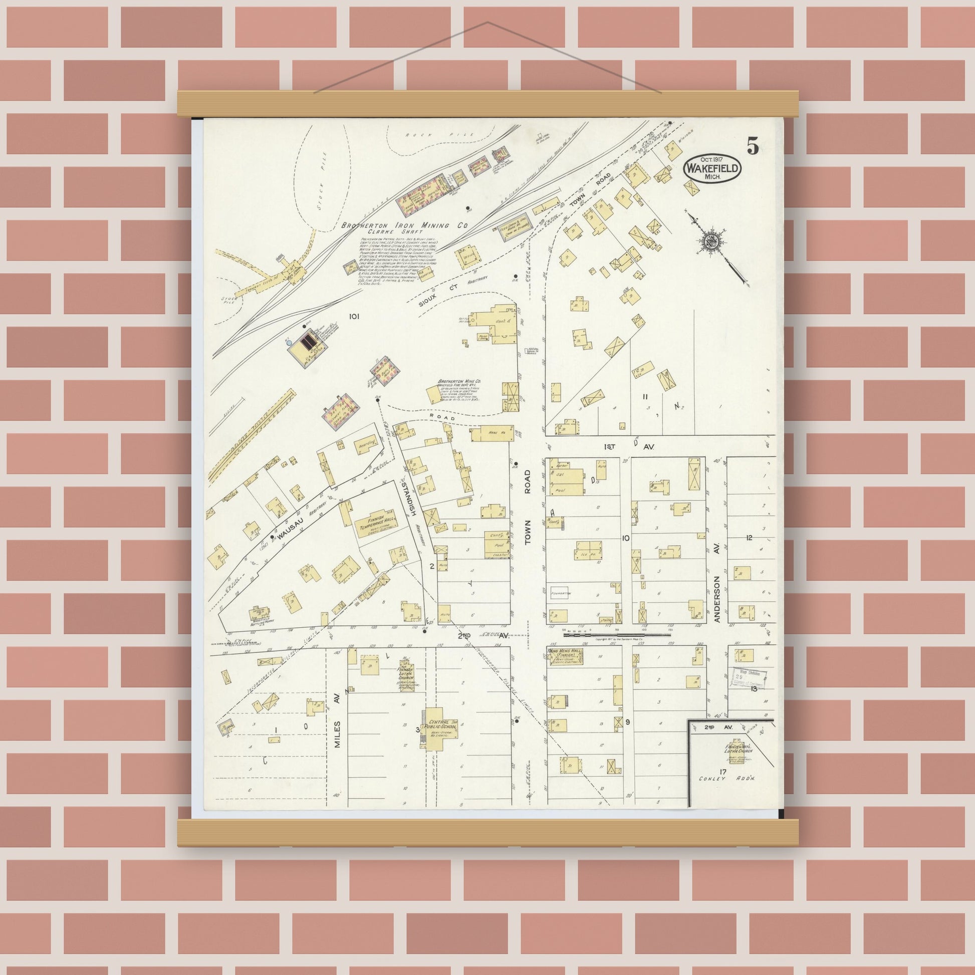 Old map wall art mockup — magnetic wood frame on brick wall — Sanborn Fire Insurance Map from Wakefield, Gogebic County, Michigan (1917), Sheet #0005