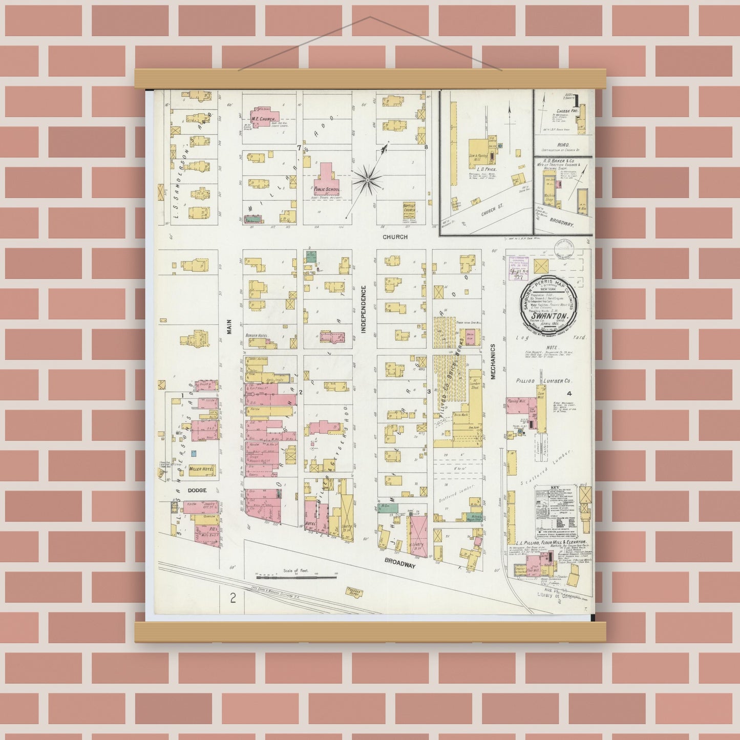 Old map wall art mockup — magnetic wood frame on brick wall — Sanborn Fire Insurance Map from Swanton, Fulton County, Ohio (1901), Sheet #0001