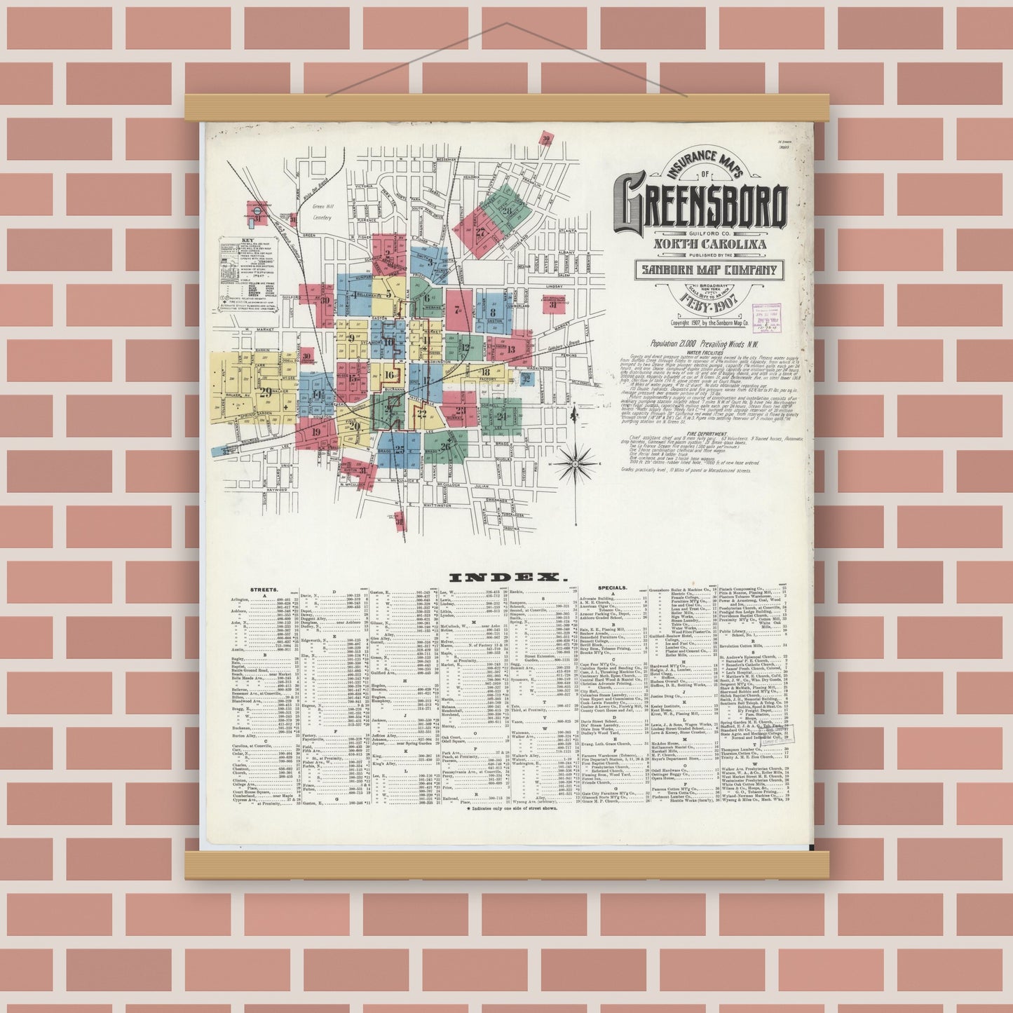 Old map wall art mockup — magnetic wood frame on brick wall — Sanborn Fire Insurance Map from Greensboro, Guilford County, North Carolina (1907) - Complete Map Set