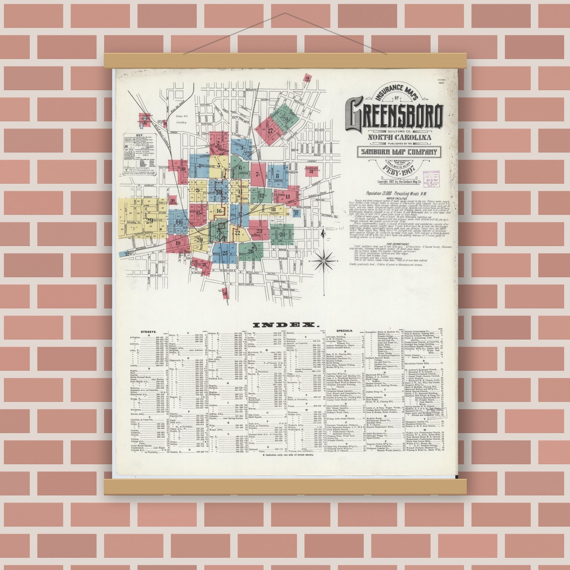 Old map wall art mockup — magnetic wood frame on brick wall — Sanborn Fire Insurance Map from Greensboro, Guilford County, North Carolina (1907) - Complete Map Set