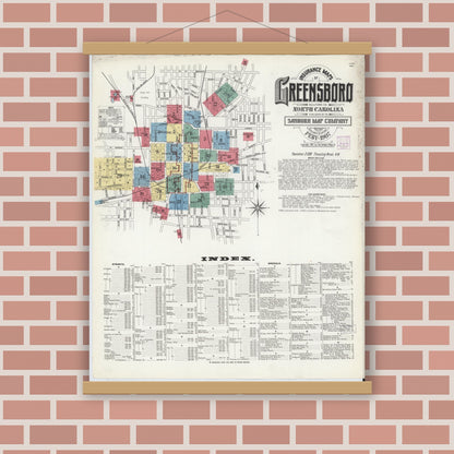 Old map wall art mockup — magnetic wood frame on brick wall — Sanborn Fire Insurance Map from Greensboro, Guilford County, North Carolina (1907) - Complete Map Set