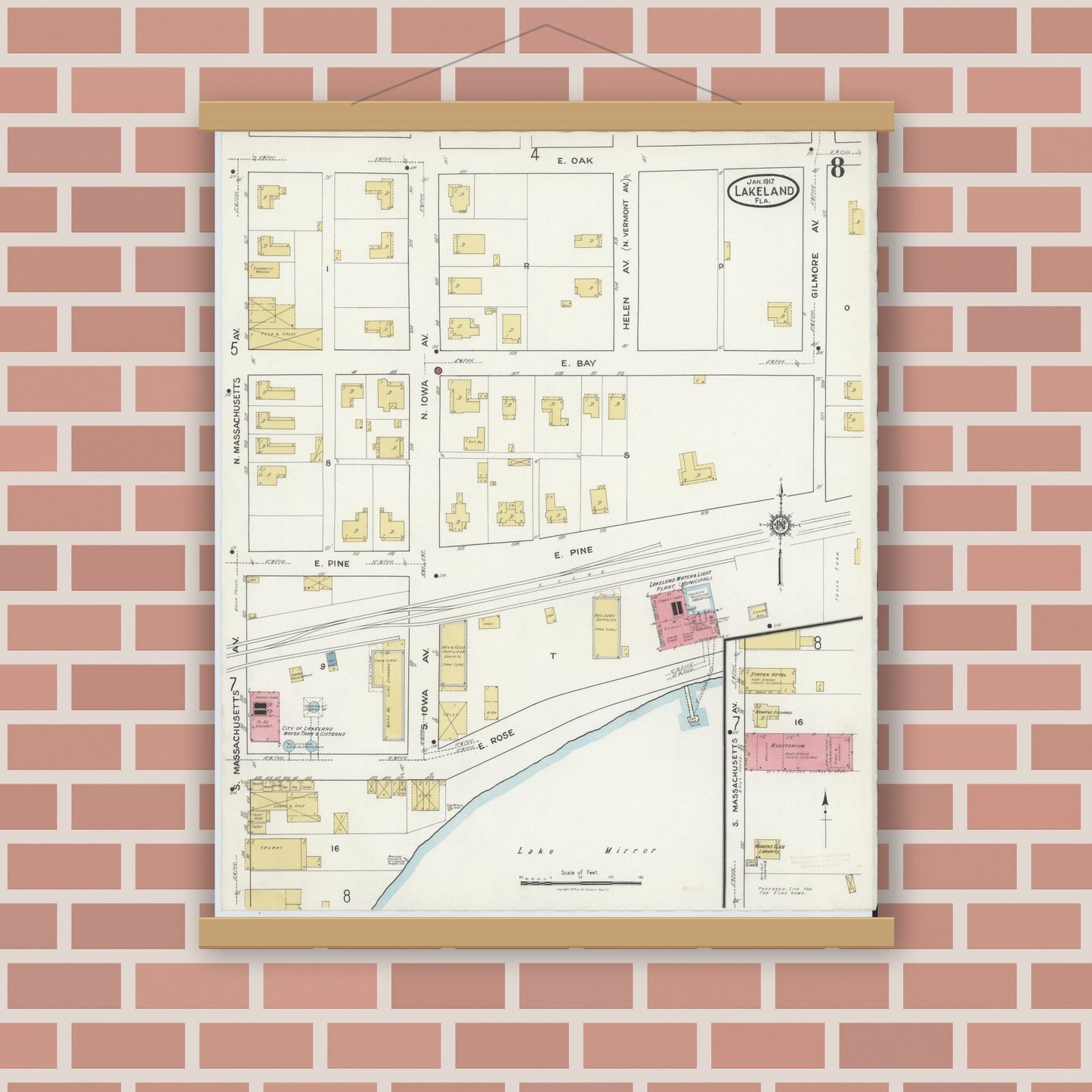Old map wall art mockup — magnetic wood frame on brick wall — Sanborn Fire Insurance Map from Lakeland, Polk County, Florida (1917), Sheet #0008