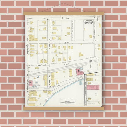 Old map wall art mockup — magnetic wood frame on brick wall — Sanborn Fire Insurance Map from Lakeland, Polk County, Florida (1917), Sheet #0008
