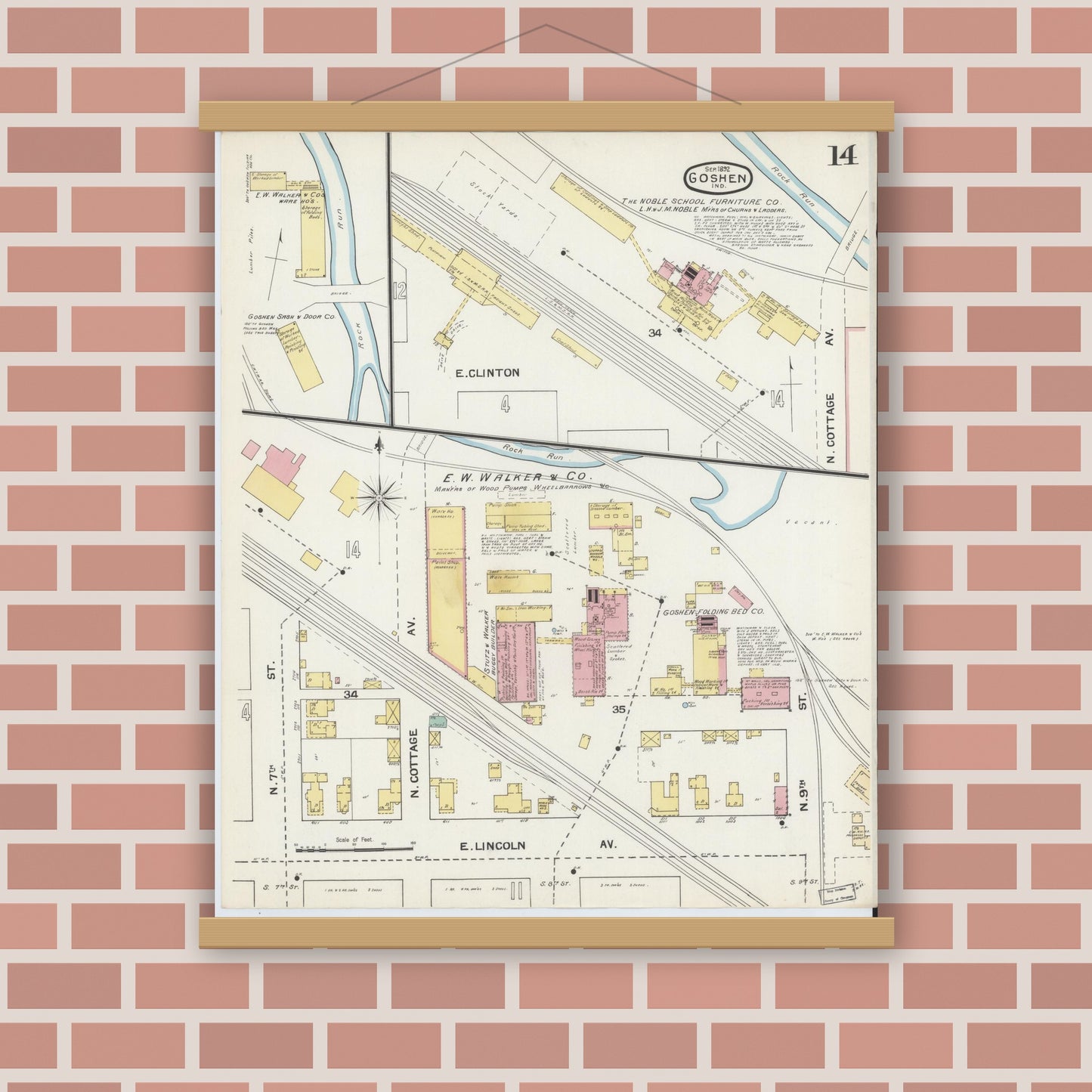 Old map wall art mockup — magnetic wood frame on brick wall — Sanborn Fire Insurance Map from Goshen, Elkhart County, Indiana (1892), Sheet #0014