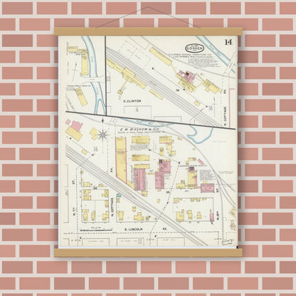 Old map wall art mockup — magnetic wood frame on brick wall — Sanborn Fire Insurance Map from Goshen, Elkhart County, Indiana (1892), Sheet #0014