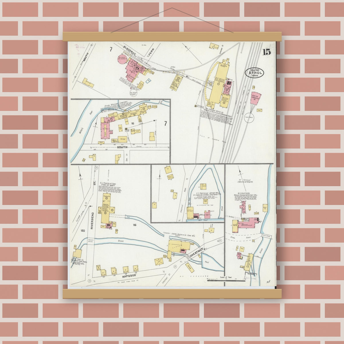 Old map wall art mockup — magnetic wood frame on brick wall — Sanborn Fire Insurance Map from Athol, Worcester County, Massachusetts (1905), Sheet #0015