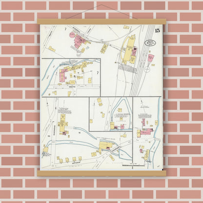 Old map wall art mockup — magnetic wood frame on brick wall — Sanborn Fire Insurance Map from Athol, Worcester County, Massachusetts (1905), Sheet #0015