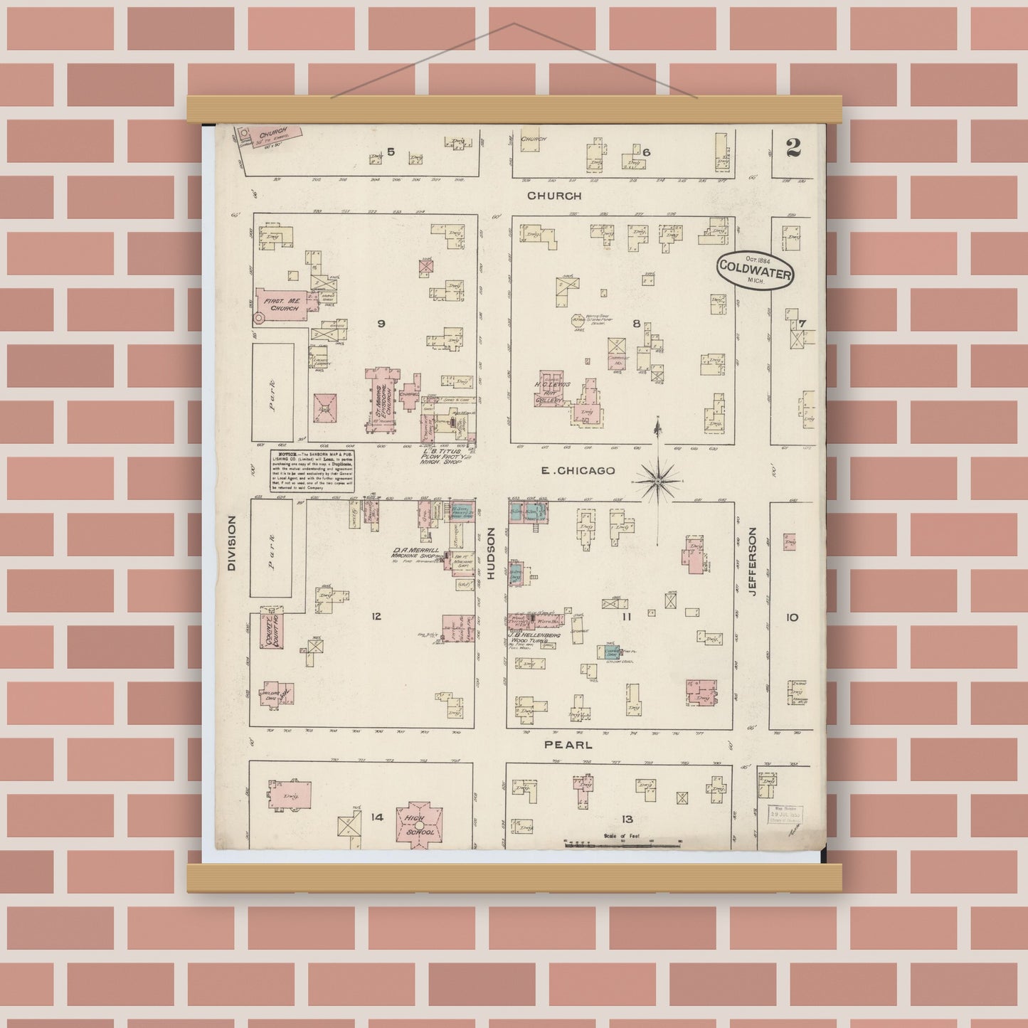 Old map wall art mockup — magnetic wood frame on brick wall — Sanborn Fire Insurance Map from Coldwater, Branch County, Michigan (1884), Sheet #0002