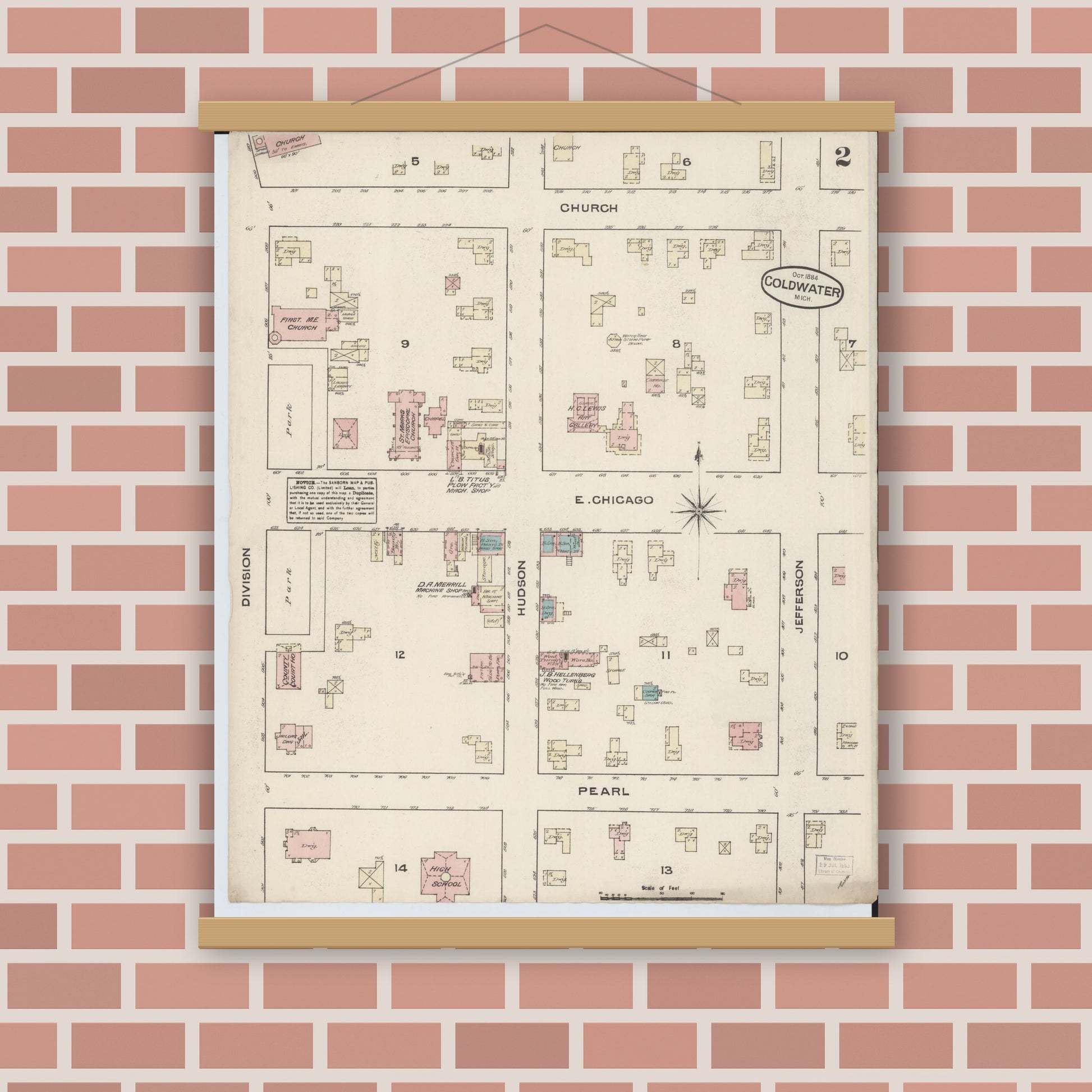 Old map wall art mockup — magnetic wood frame on brick wall — Sanborn Fire Insurance Map from Coldwater, Branch County, Michigan (1884), Sheet #0002